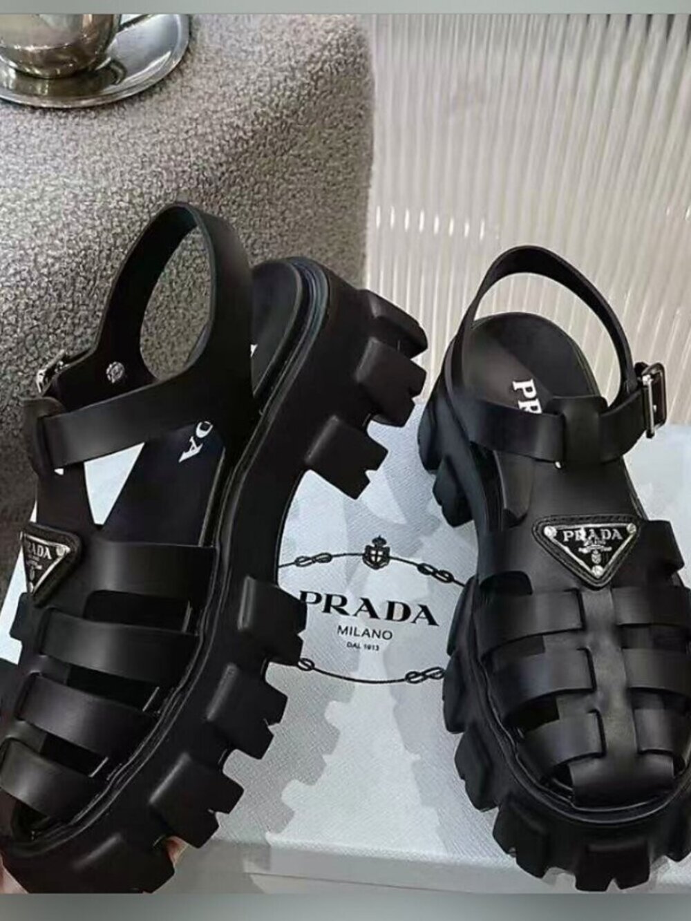 Prada Monolith Black Fisherman Cage Lug Sole Platform Sandals - Picture 5 of 6